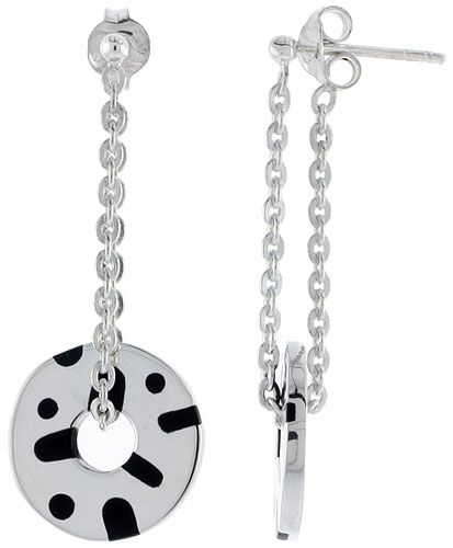 Sterling Silver Dots &amp; Lines Dangling Post Disc Earrings Round Black Enamel, 1 3/4 inches long
