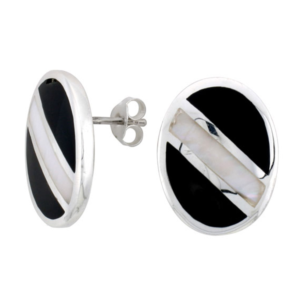 STERLING SILVER OVAL SHELL EARRINGS, W/ BLACK & WHITE MOTHER OF PEARL INLAY, 3/4" (20 MM) TALL