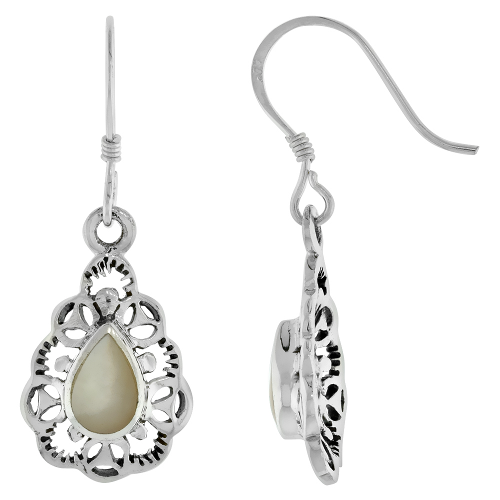 Small Sterling Silver Mother of Pearl Dangling 3 Pointed Stars Teardrop Earrings for Women Oxidized Finish 1.25 inch long