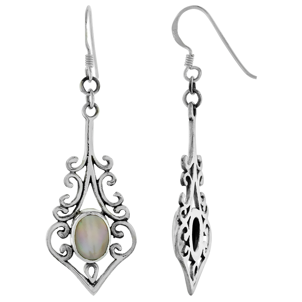 Sterling Silver Mother of Pearl Dangling Scroll Heart Earrings for Women Oxidized Finish 2.25 inch long