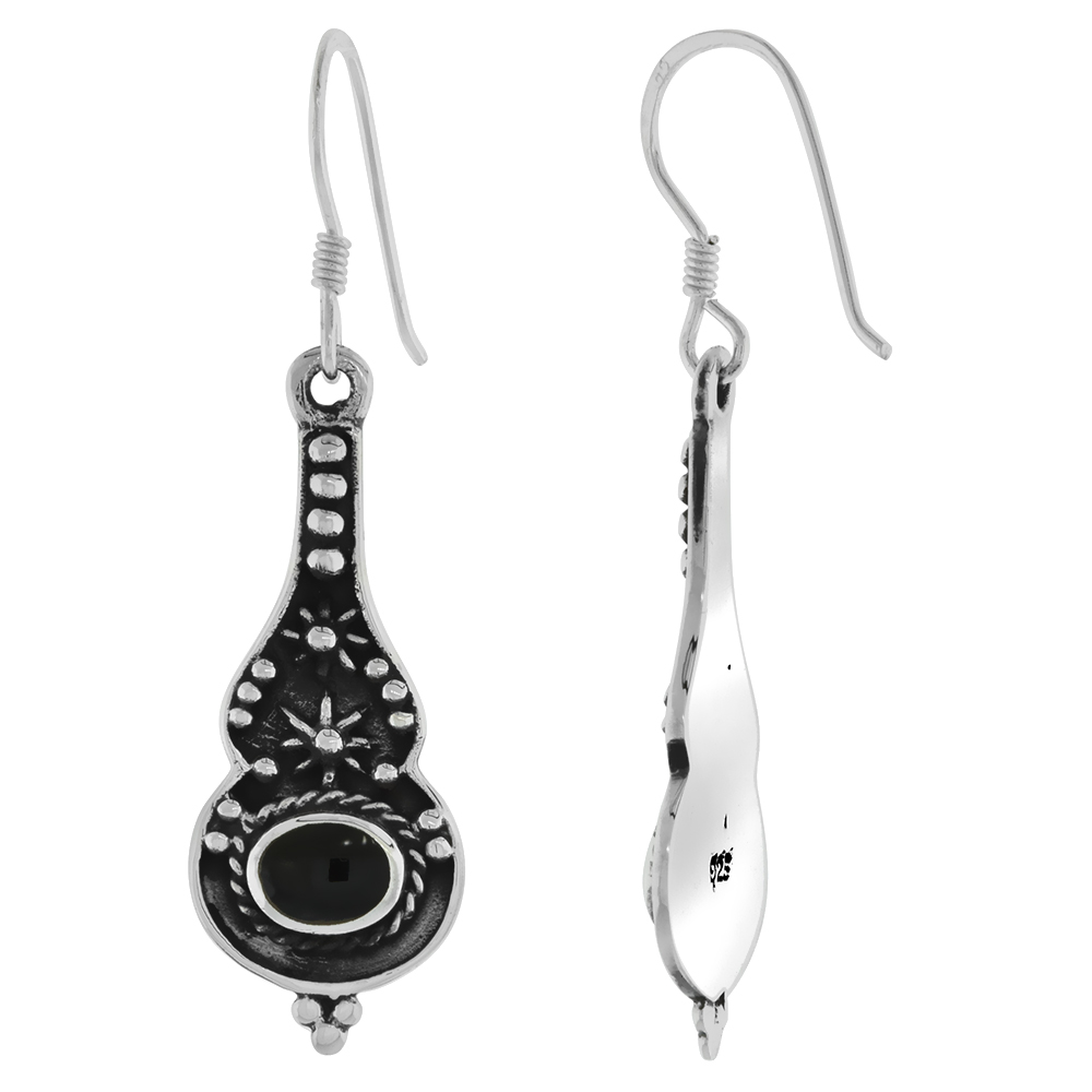 Sterling Silver Jet Stone Bali Style Filigree Dangling Fishhook Earrings for Women 1 3/8 inch long