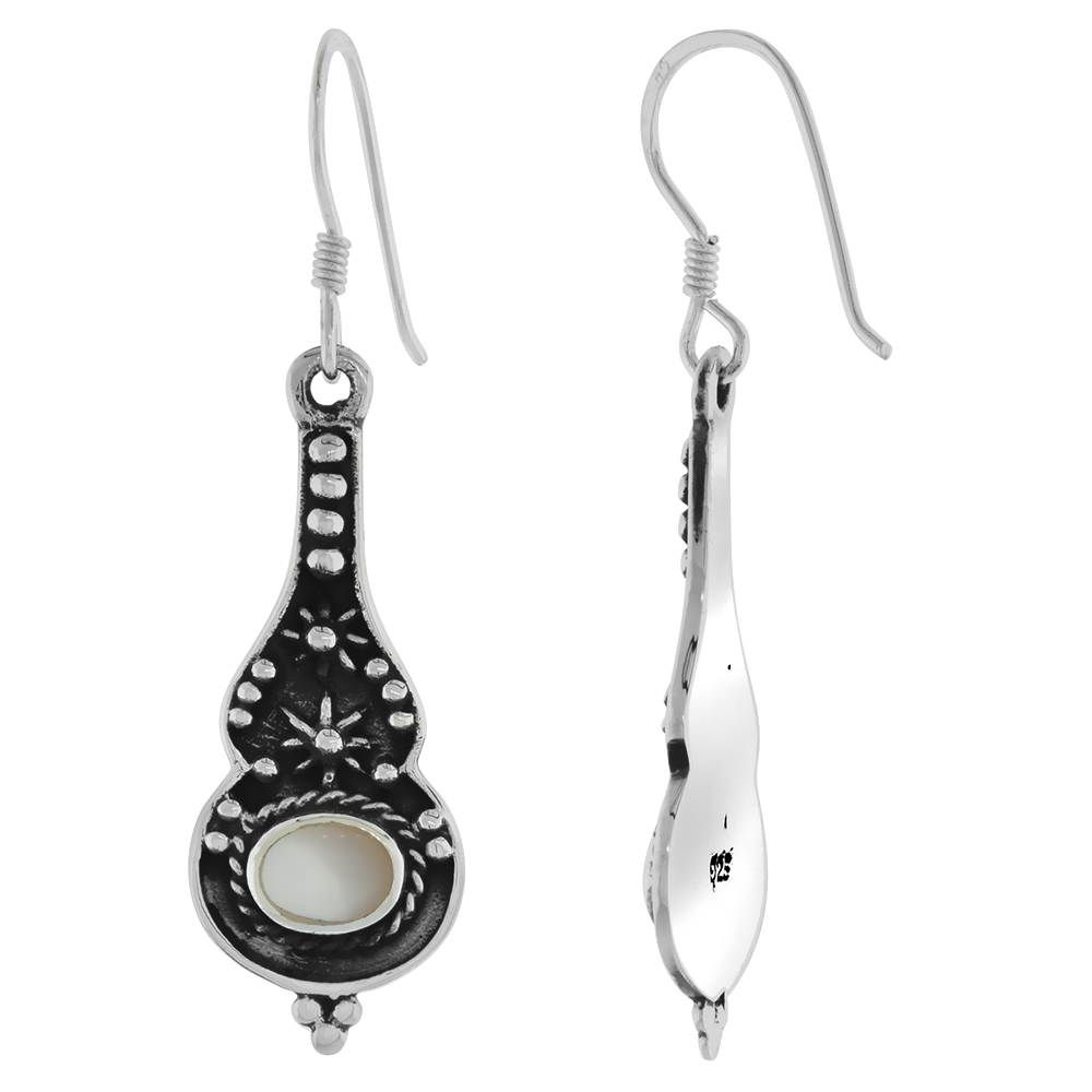 Sterling Silver Mother of Pearl Bali Style Filigree Dangling Fishhook Earrings for Women 1 3/8 inch long
