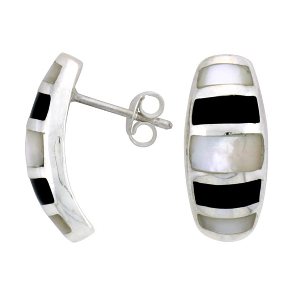 STERLING SILVER STRIPED OVAL POST SHELL EARRINGS, W/ BLACK & WHITE SHELL INLAY , 13/16" (21 MM) TALL
