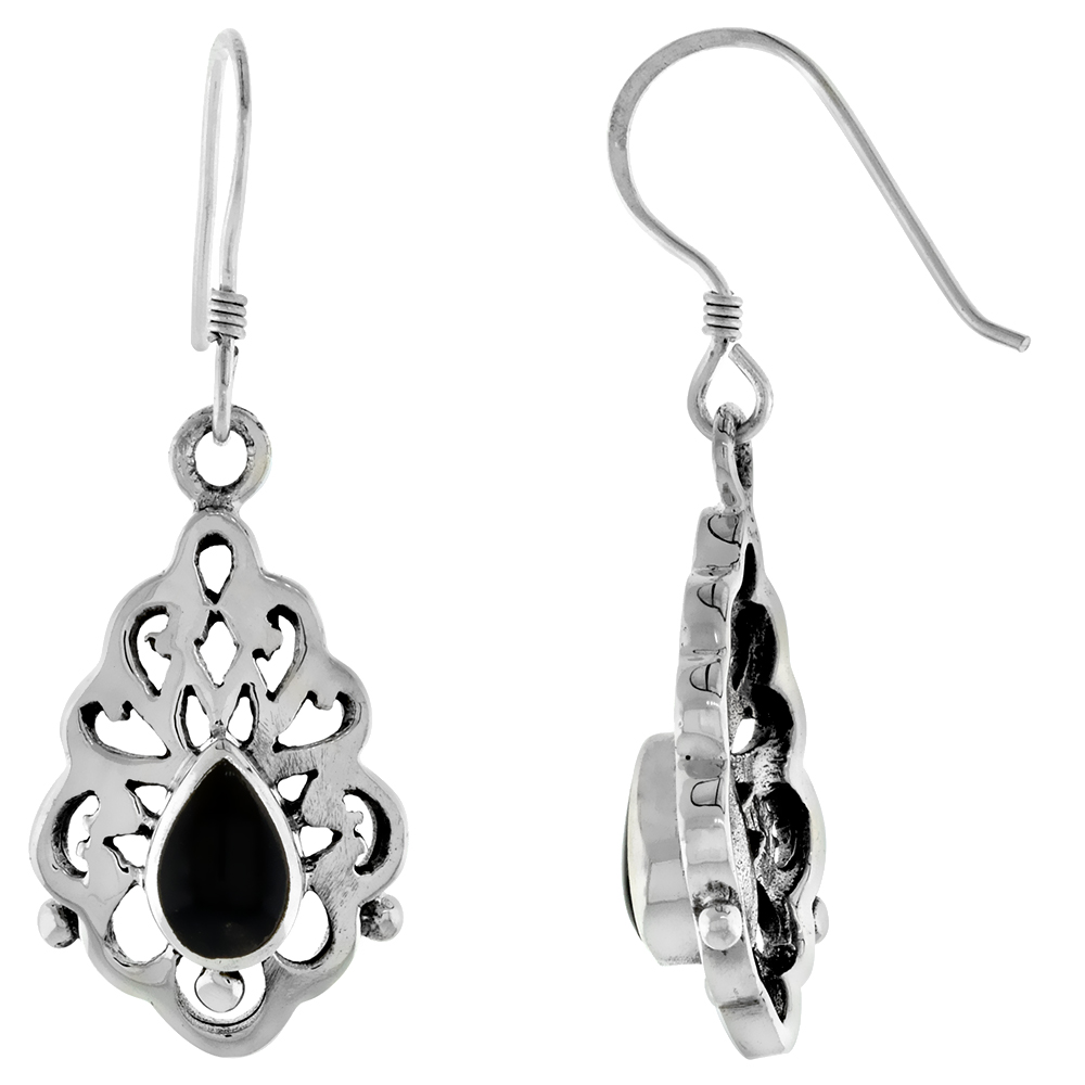 Sterling Silver Oval Black Jet Stone Bali Style Scrolled Dangling Fishhook Earrings for Women 1 3/8 inch long