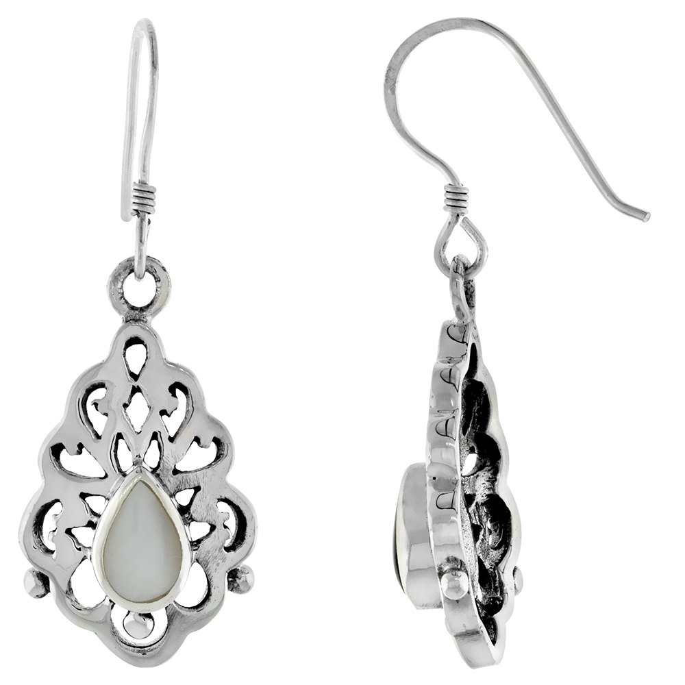 Sterling Silver Oval Mother of Pearl Bali Style Scrolled Dangling Fishhook Earrings for Women 1 3/8 inch long