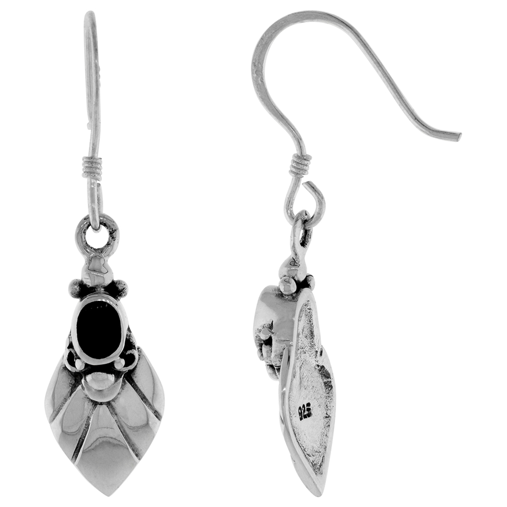 Sterling Silver Oval Black Jet Stone Bali Style Dangling Fishhook Leaf Earrings for Women 1 3/8 inch long