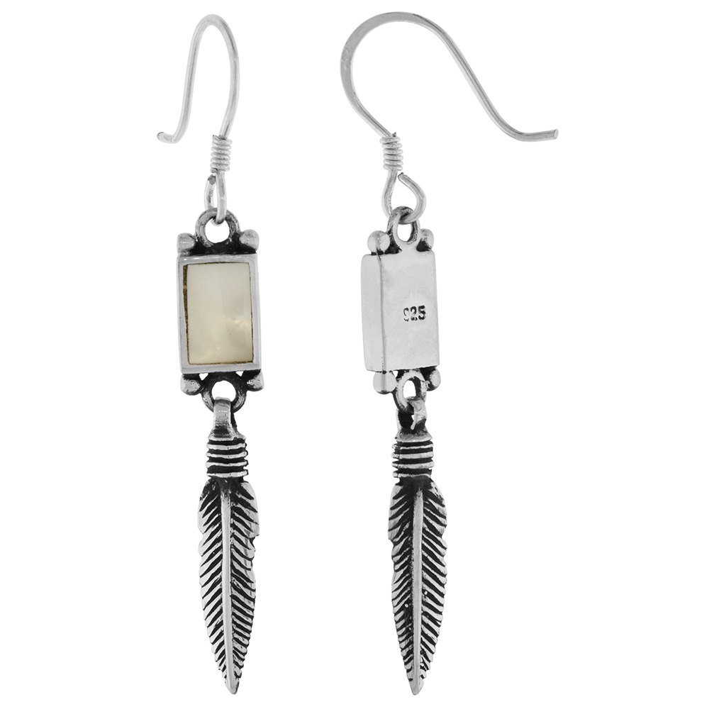 STERLING SILVER MOTHER OF PEARL DANGLING FISHHOOK FEATHER EARRINGS FOR WOMEN 2 INCH LONG