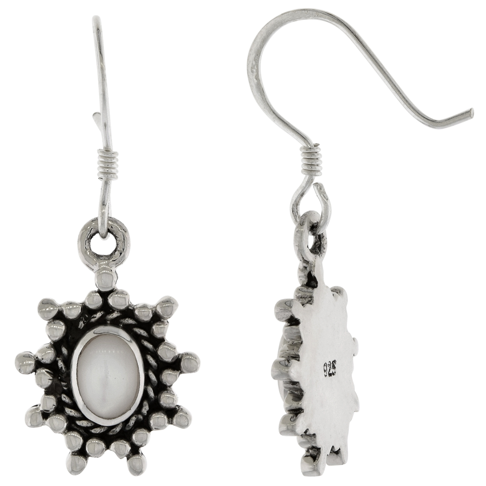 STERLING SILVER OVAL MOTHER OF PEARL BALI STYLE DANGLING BEADED STAR FISHHOOK EARRINGS FOR WOMEN 1 1/4 INCH LONG