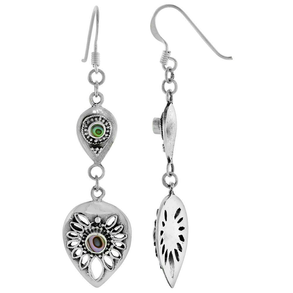STERLING SILVER ABALONE SHELL DANGLING FISHHOOK DOUBLE TEARDROP EARRINGS FOR WOMEN 2.5 INCH LONG