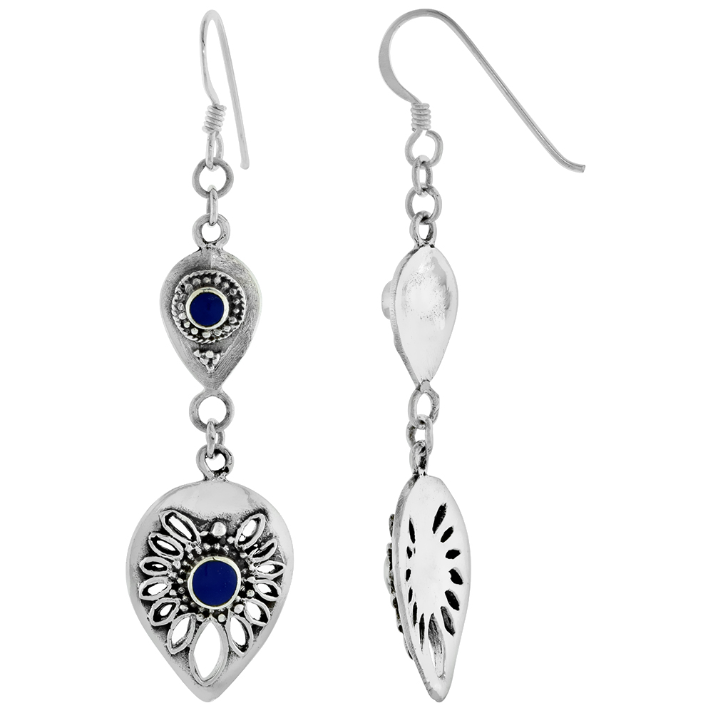 STERLING SILVER LAPIS LAZULI DANGLING FISHHOOK DOUBLE TEARDROP EARRINGS FOR WOMEN 2.5 INCH LONG