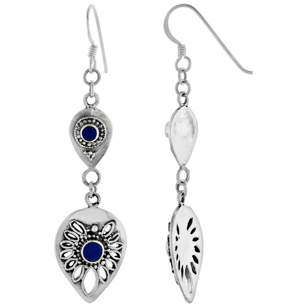Sterling Silver Lapis Lazuli Dangling Fishhook Double Teardrop Earrings for Women 2.5 inch long