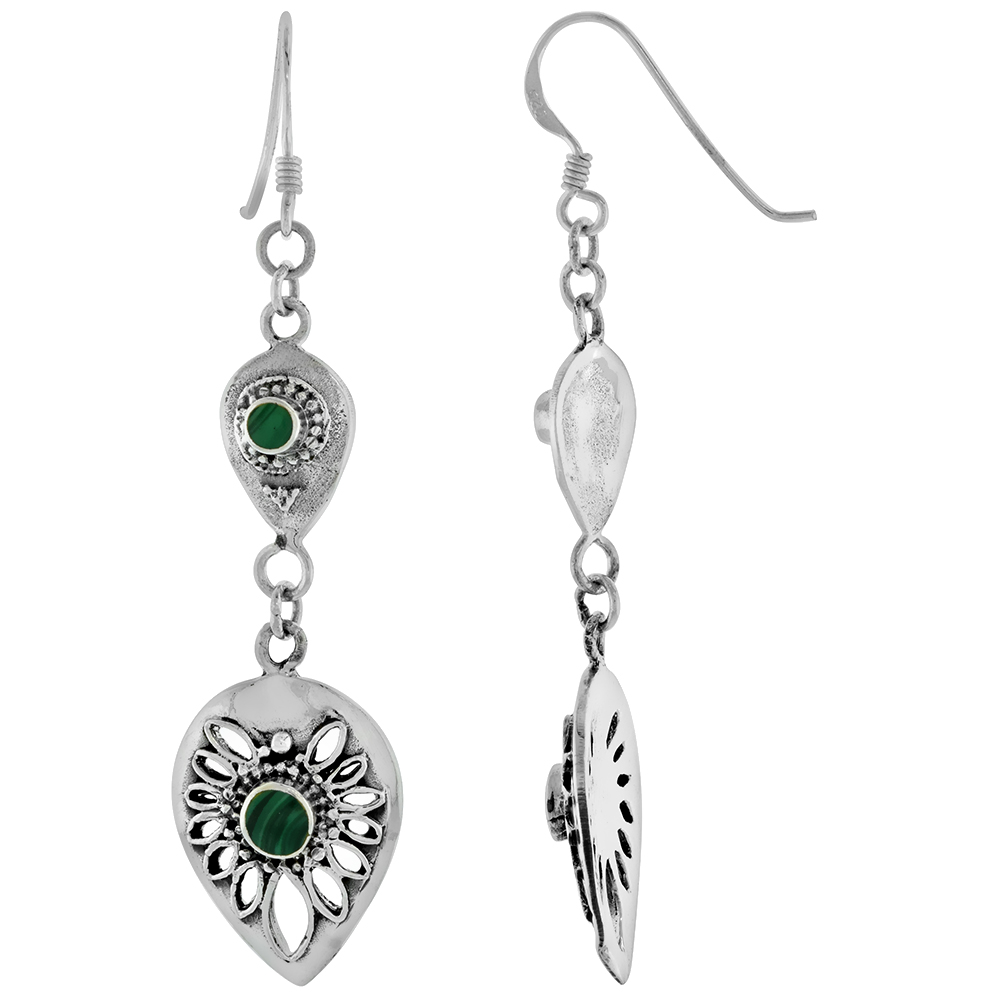 STERLING SILVER MALACHITE DANGLING FISHHOOK DOUBLE TEARDROP EARRINGS FOR WOMEN 2.5 INCH LONG