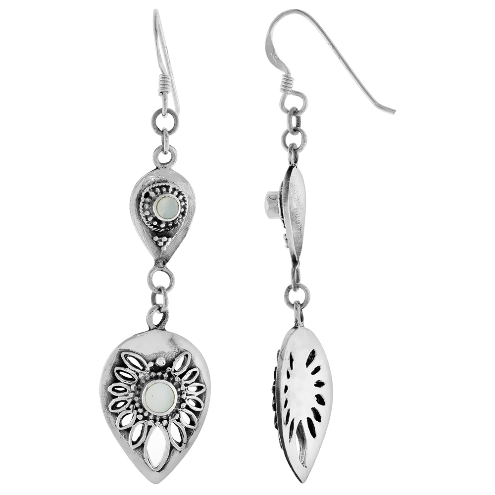 STERLING SILVER MOTHER OF PEARL DANGLING FISHHOOK DOUBLE TEARDROP EARRINGS FOR WOMEN 2.5 INCH LONG