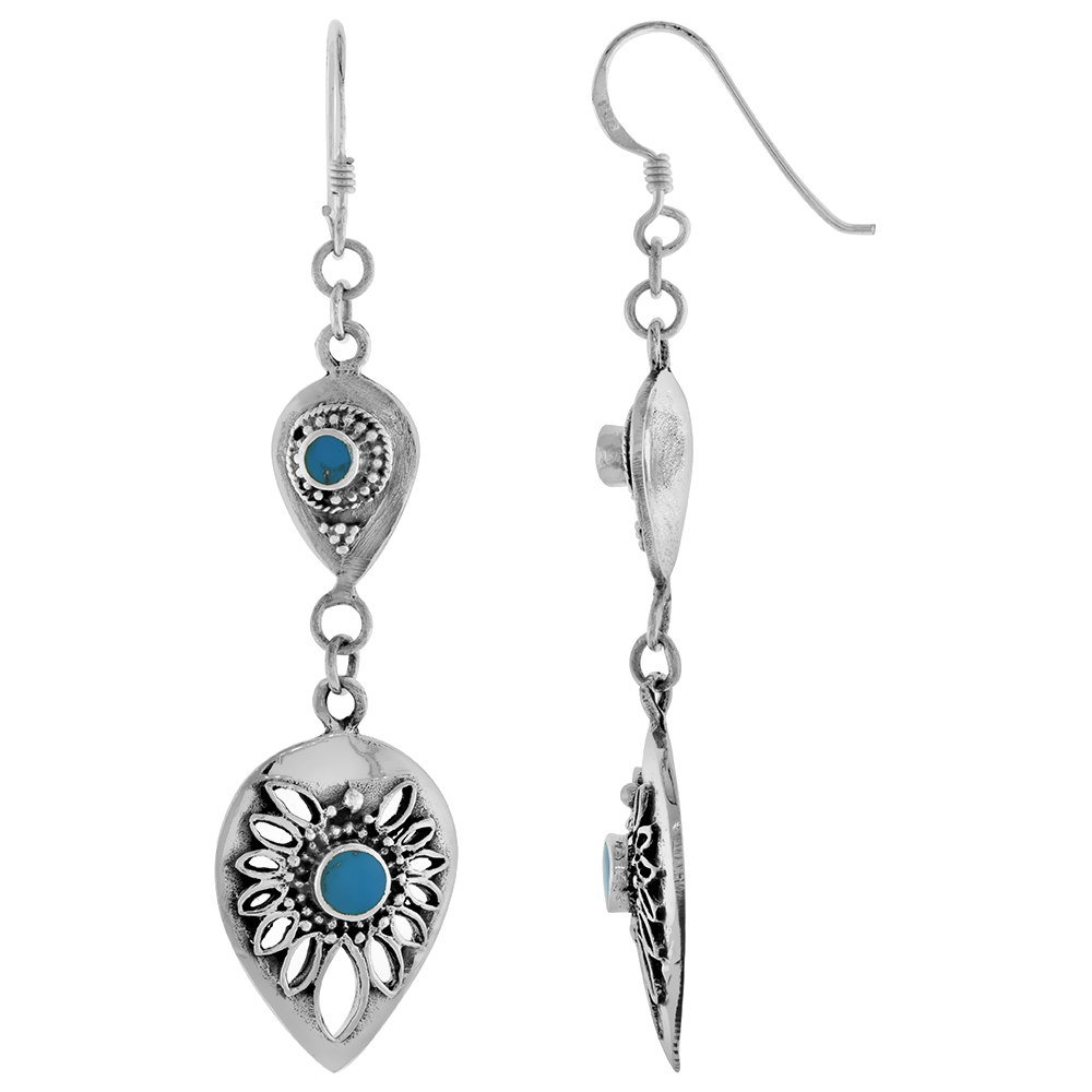 Sterling Silver Reconstituted Turquoise Dangling Fishhook Double Teardrop Earrings for Women 2.5 inch long
