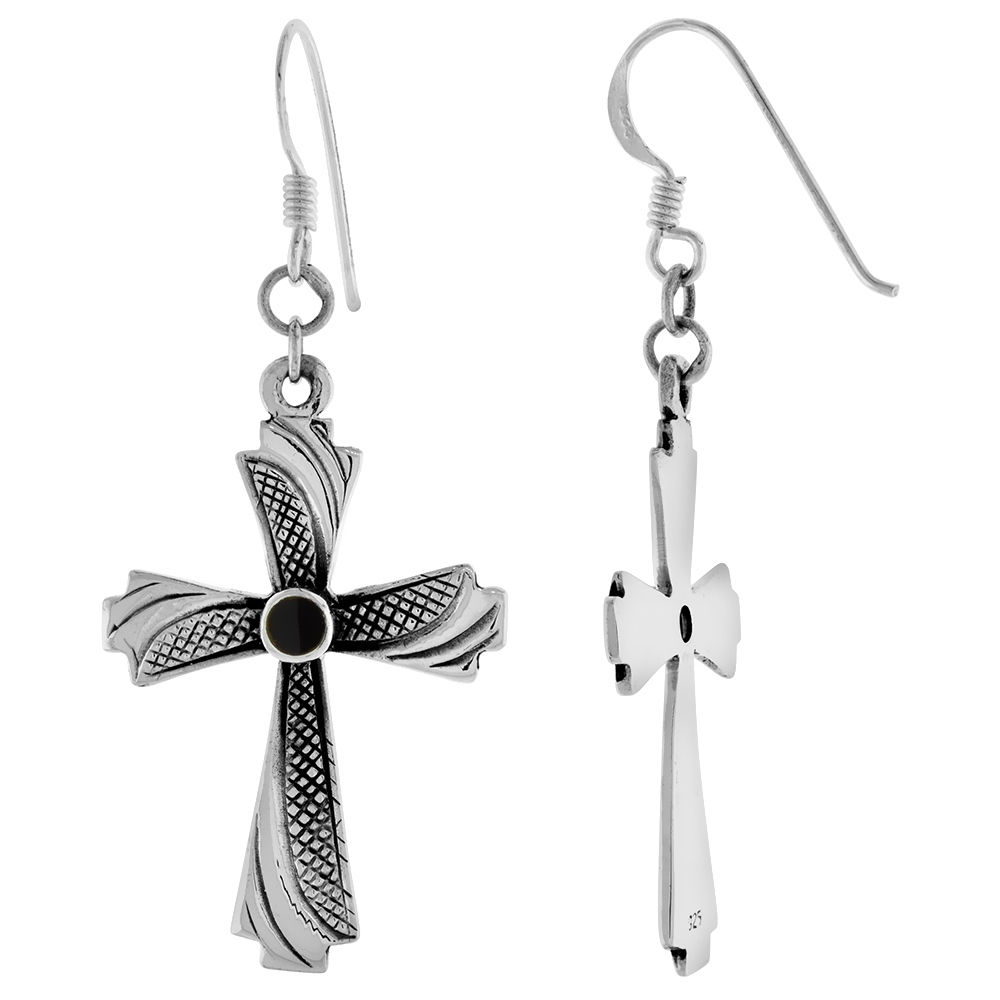 Sterling Silver Jet Stone Dangling Fishhook Curved Cross Earrings for Women 1 3/8 inch long