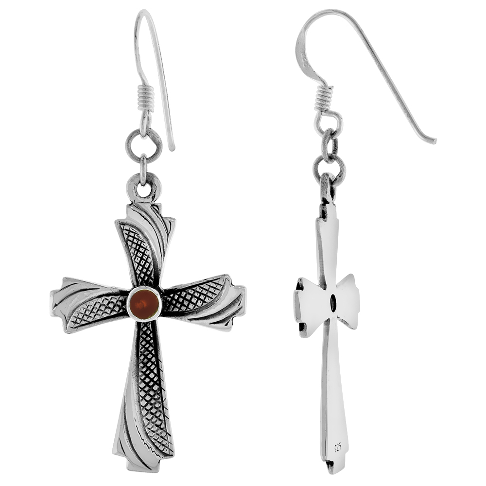 Sterling Silver Carnelian Dangling Fishhook Curved Cross Earrings for Women 1 3/8 inch long