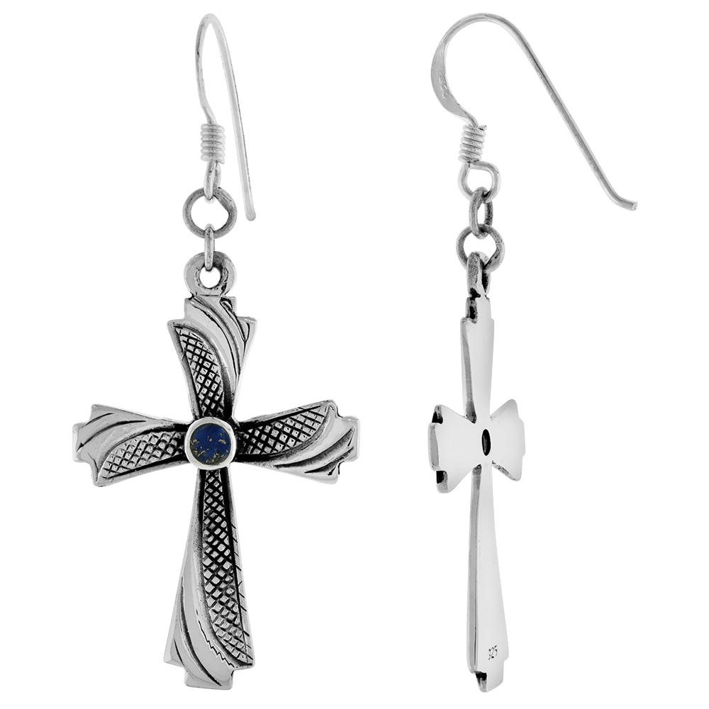 Sterling Silver Lapis Lazuli Dangling Fishhook Curved Cross Earrings for Women 1 3/8 inch long