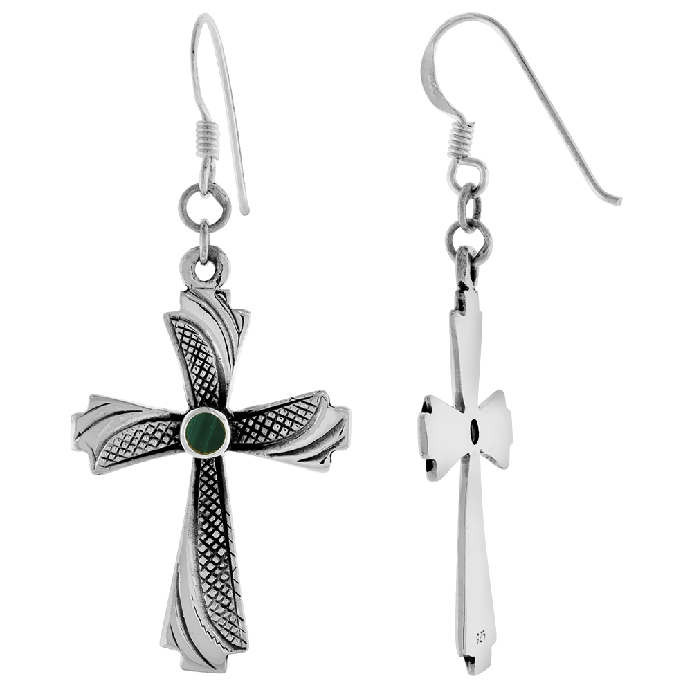 Sterling Silver Malachite Dangling Fishhook Curved Cross Earrings for Women 1 3/8 inch long