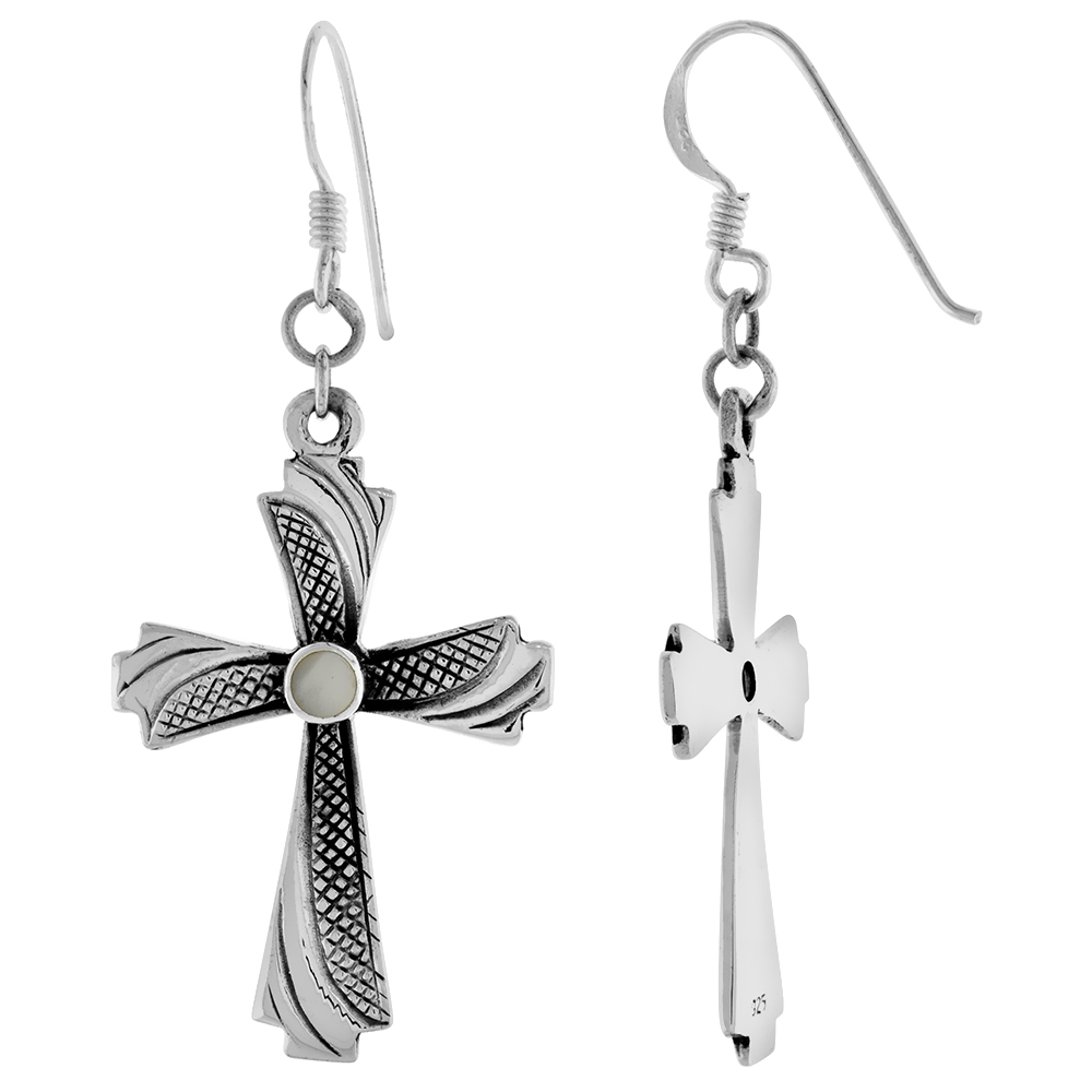 Sterling Silver Mother of Pearl Dangling Fishhook Curved Cross Earrings for Women 1 3/8 inch long