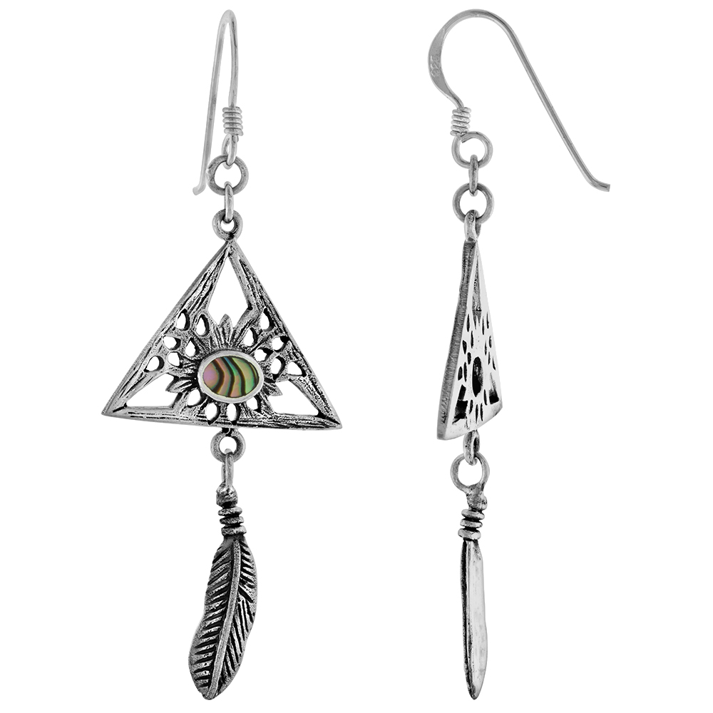 STERLING SILVER ABALONE SHELL DANGLING FEATHER ALL SEEING EYE TRIANGLE EARRINGS FOR WOMEN 1 3/8 INCH LONG