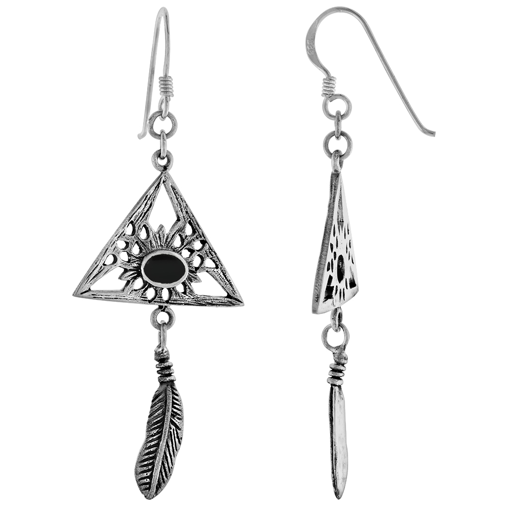 STERLING SILVER JET STONE DANGLING FEATHER ALL SEEING EYE TRIANGLE EARRINGS FOR WOMEN 1 3/8 INCH LONG