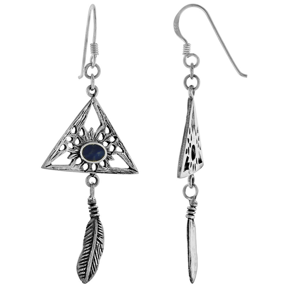STERLING SILVER LAPIS LAZULI DANGLING FEATHER ALL SEEING EYE TRIANGLE EARRINGS FOR WOMEN 1 3/8 INCH LONG