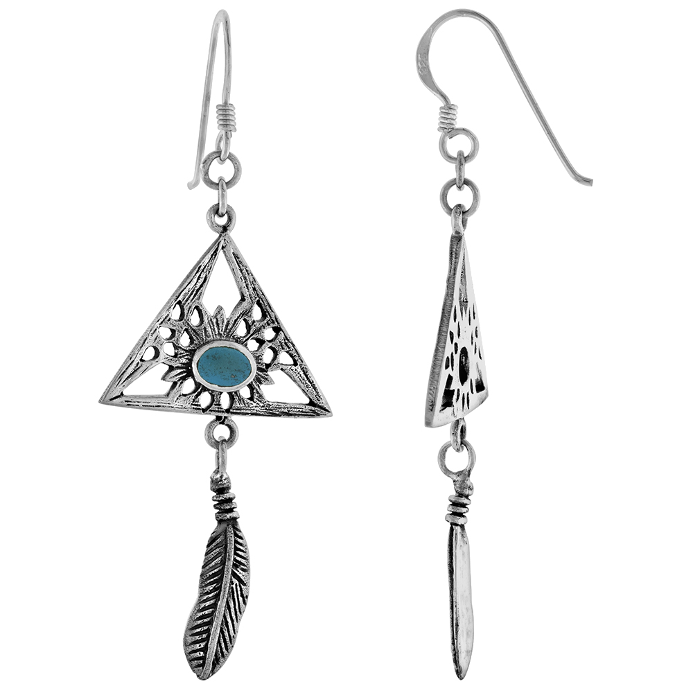 STERLING SILVER RECONSTITUTED TURQUOISE DANGLING FEATHER ALL SEEING EYE TRIANGLE EARRINGS FOR WOMEN 1 3/8 INCH LONG