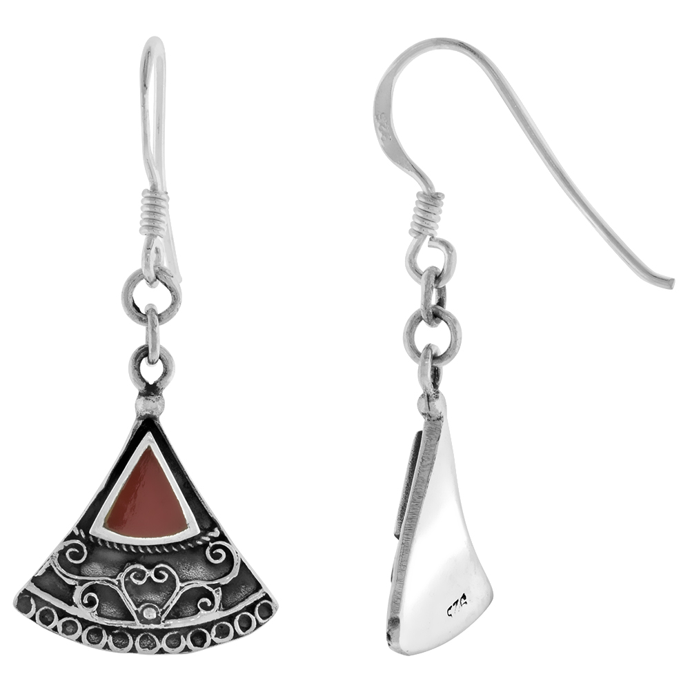 STERLING SILVER CARNELIAN DANGLING ART DECO FAN EARRINGS FOR WOMEN 1 3/8 INCH LONG