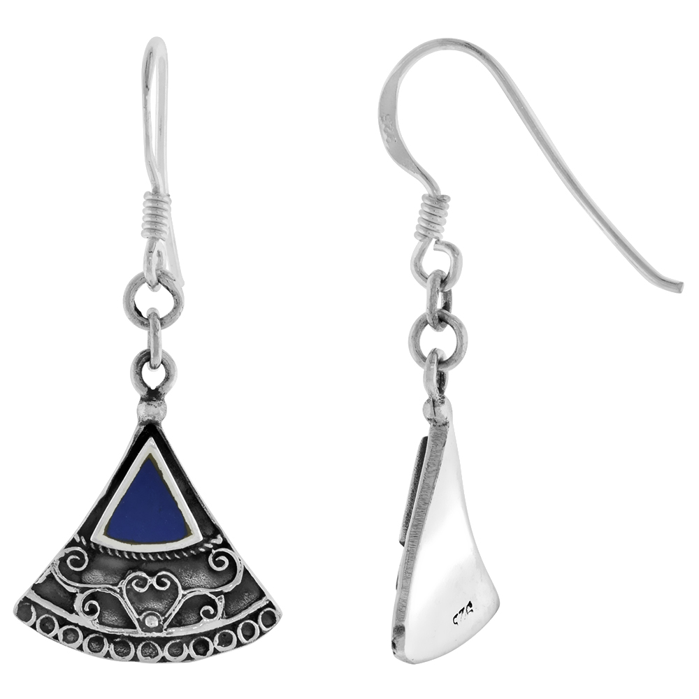 STERLING SILVER LAPIS LAZULI DANGLING ART DECO FAN EARRINGS FOR WOMEN 1 3/8 INCH LONG