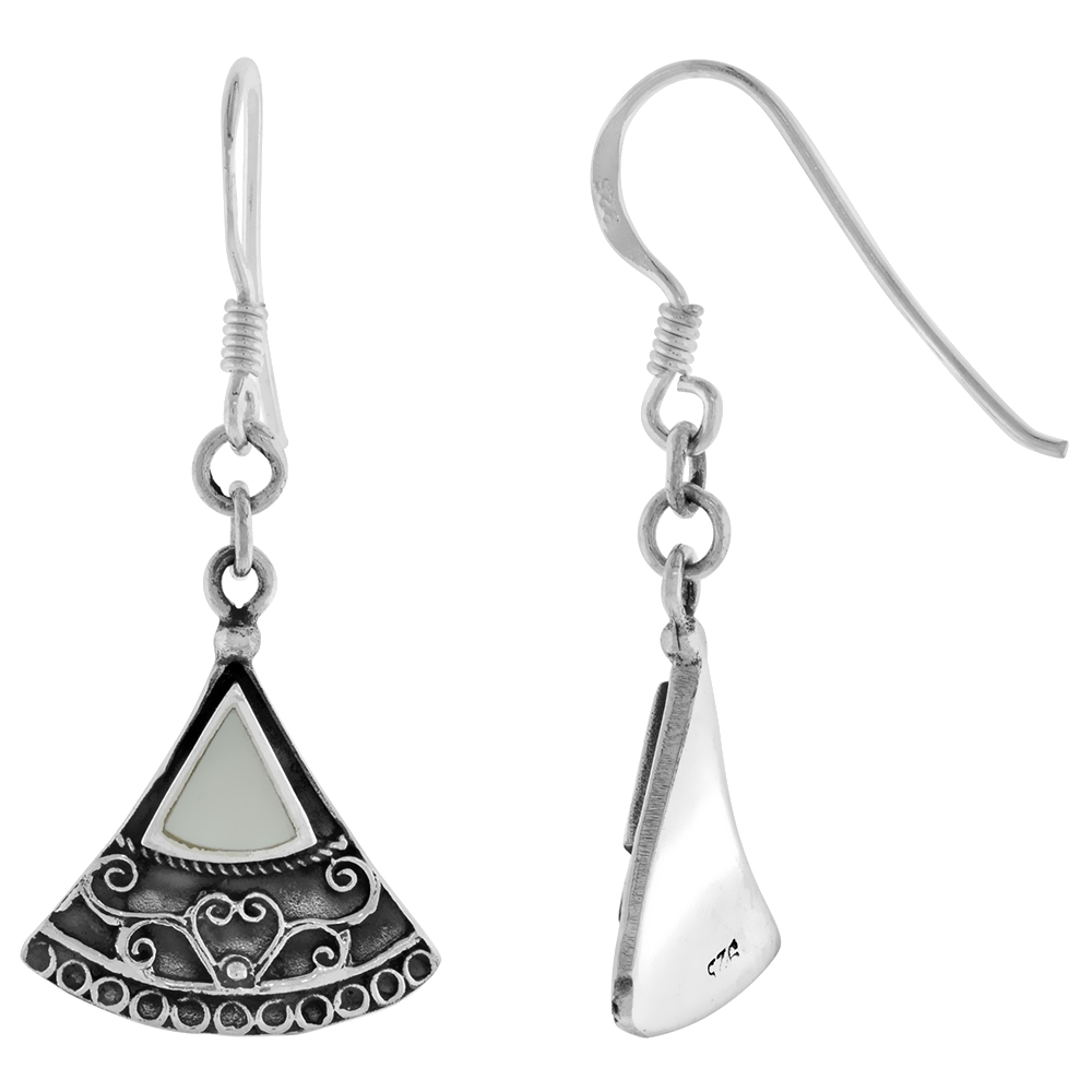 STERLING SILVER MOTHER OF PEARL DANGLING ART DECO FAN EARRINGS FOR WOMEN 1 3/8 INCH LONG