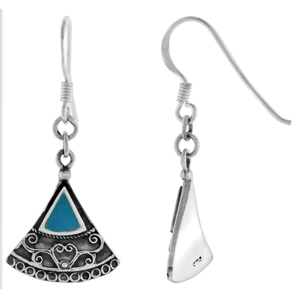 STERLING SILVER RECONSTITUTED TURQUOISE DANGLING ART DECO FAN EARRINGS FOR WOMEN 1 3/8 INCH LONG