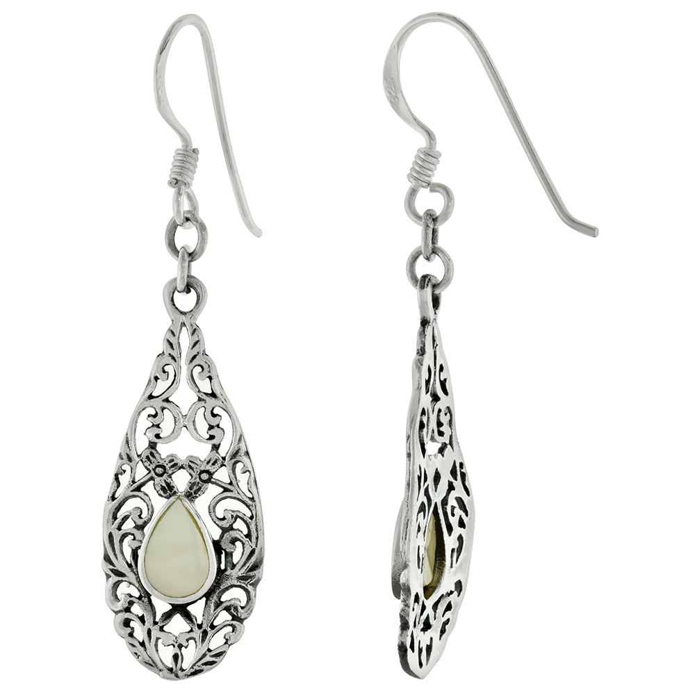 STERLING SILVER MOTHER OF PEARL DANGLING ART DECO SCROLLWORK TEARDROP EARRINGS FOR WOMEN 2 INCH LONG