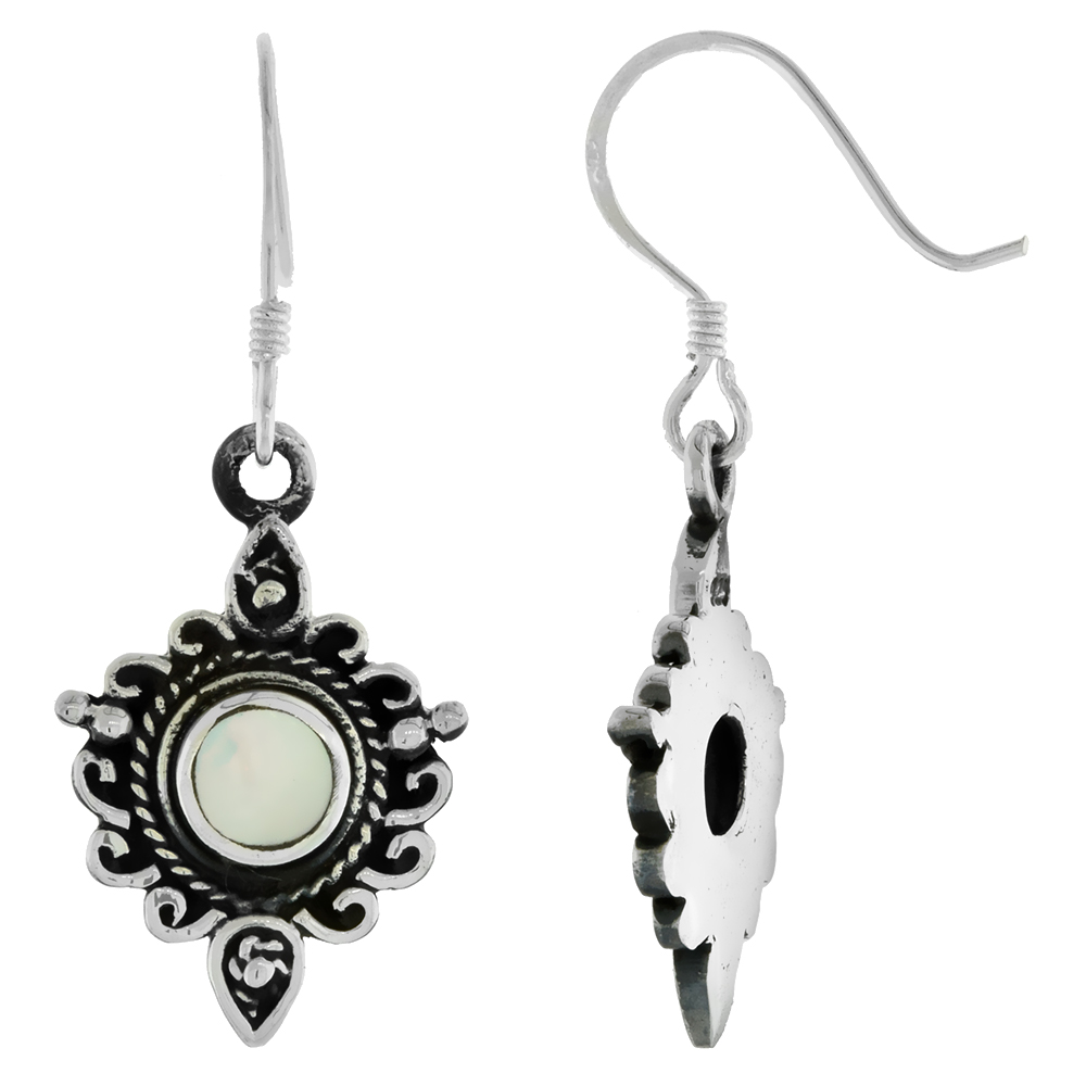 Sterling Silver 6mm Round Mother of Pearl Bali Style Scrolled Dangling Fishhook Earrings for Women 1 3/8 inch long