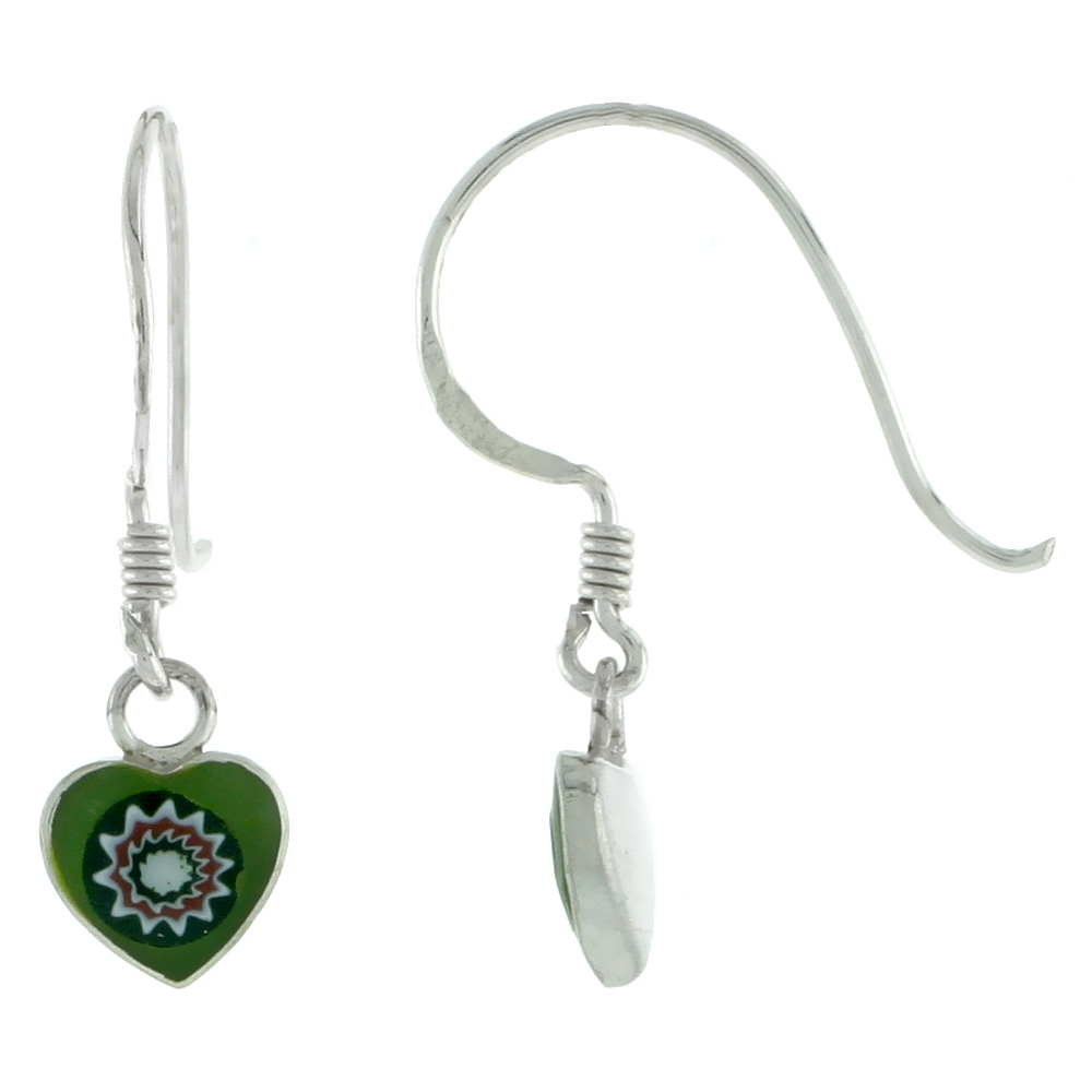 Dainty Sterling Silver Dark Green Starburst Murano Glass Dangling Fishhook Murrine Millefiori Heart Earrings for Women 1 inch long