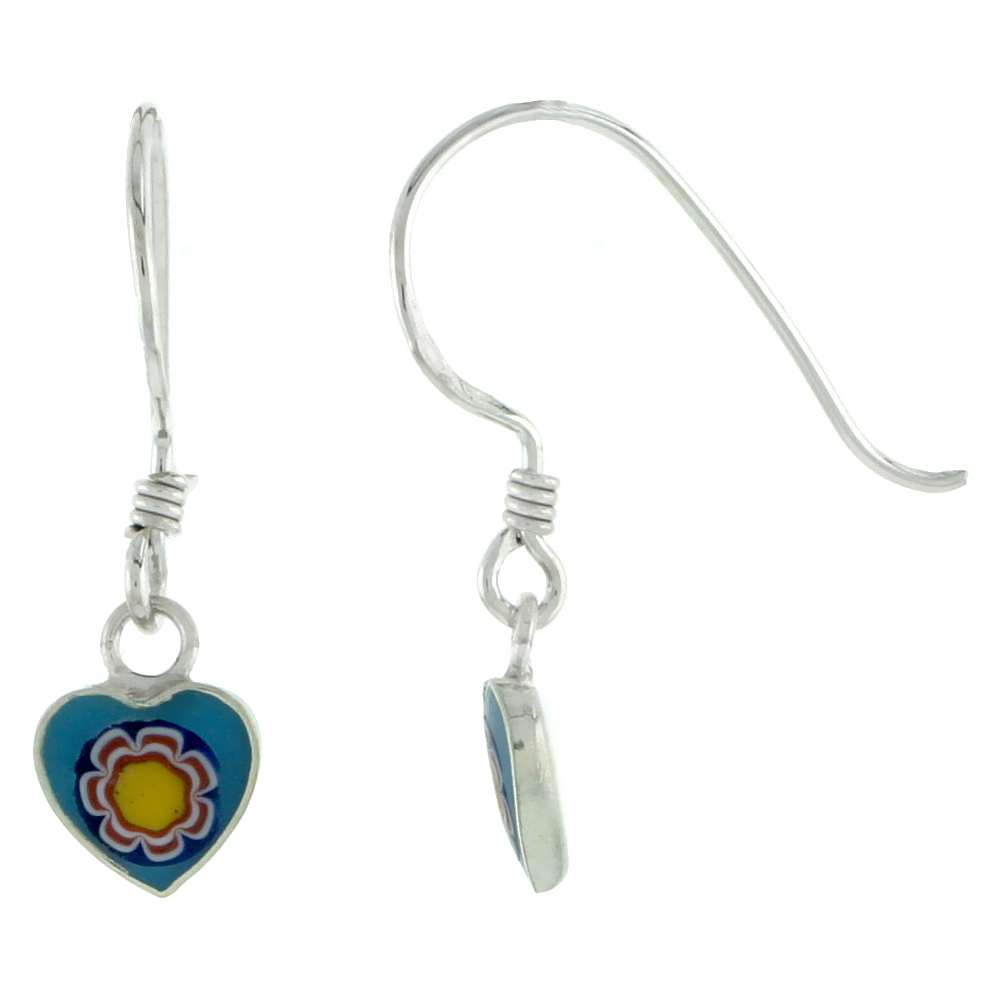 Dainty Sterling Silver Turquoise Sunflower Murano Glass Dangling Fishhook Murrine Millefiori Heart Earrings for Women 1 inch long