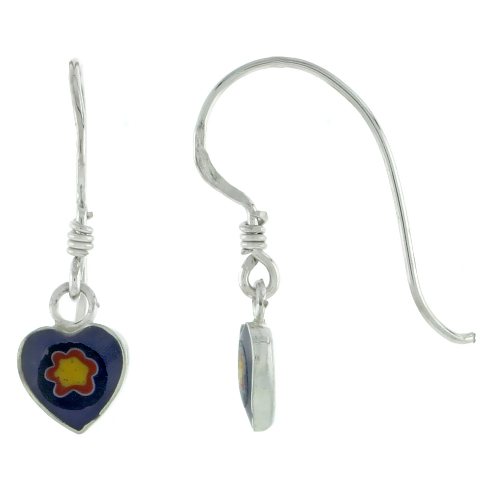 DAINTY STERLING SILVER PURPLE-YELLOW MURANO GLASS DANGLING FISHHOOK MURRINE MILLEFIORI HEART EARRINGS FOR WOMEN 1 INCH LONG