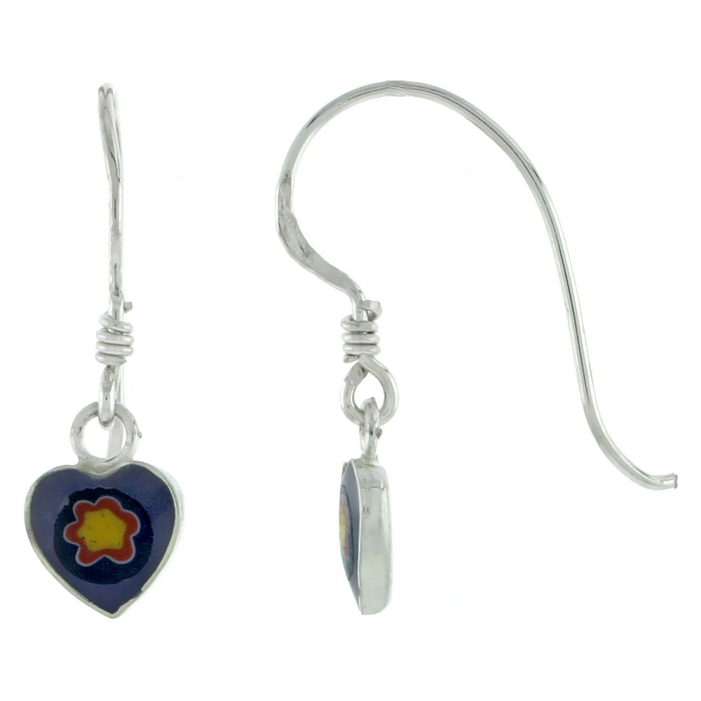 Dainty Sterling Silver Purple-Yellow Murano Glass Dangling Fishhook Murrine Millefiori Heart Earrings for Women 1 inch long