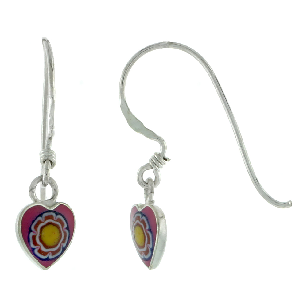 DAINTY STERLING SILVER RED-YELLOW SUNFLOWER MURANO GLASS DANGLING FISHHOOK MURRINE MILLEFIORI HEART EARRINGS FOR WOMEN 1 INCH LONG