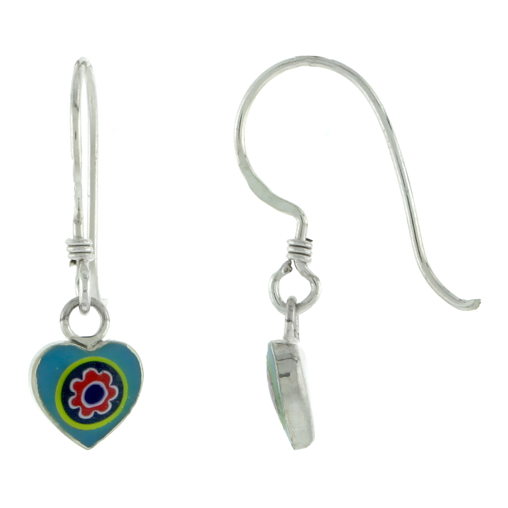 Dainty Sterling Silver Turquoise-Red Murano Glass Dangling Fishhook Murrine Millefiori Heart Earrings for Women 1 inch long