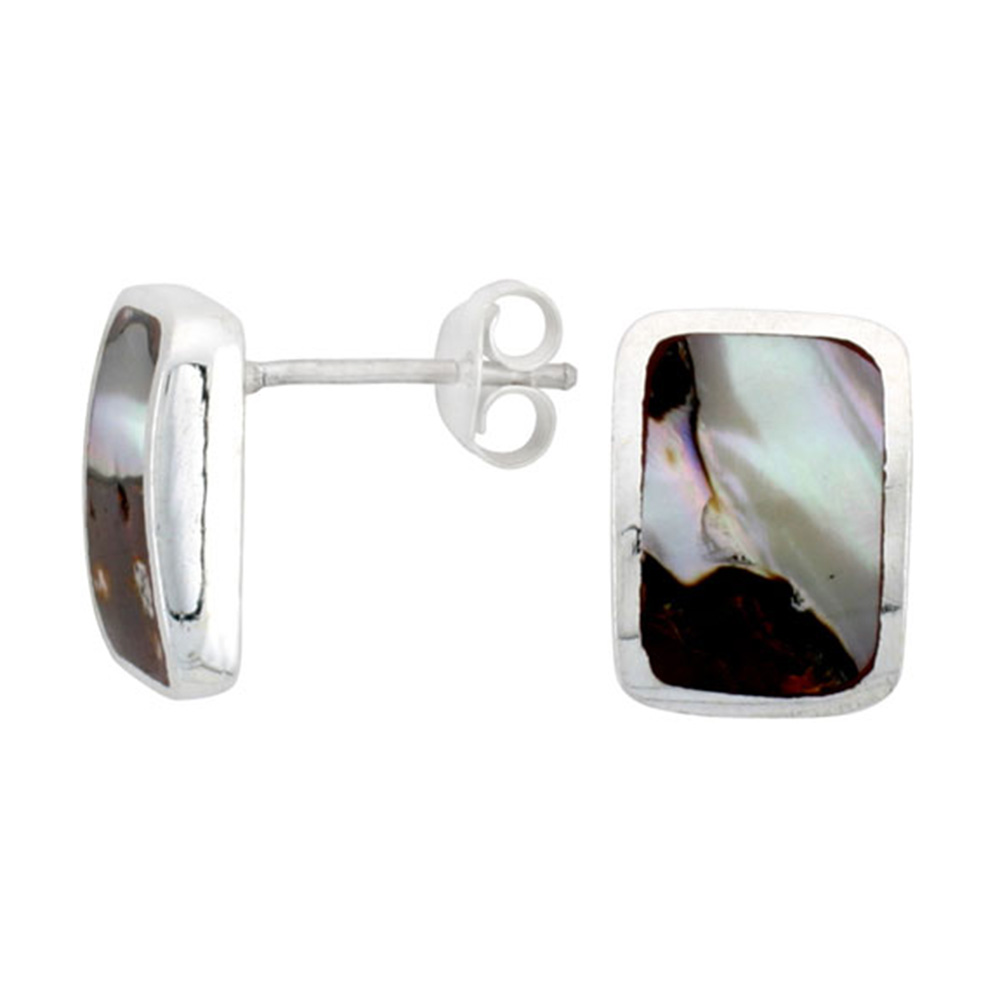 STERLING SILVER RECTANGULAR POST SHELL EARRINGS, W/ BROWN & WHITE MOTHER OF PEARL INLAY, 1/2" (13 MM) TALL