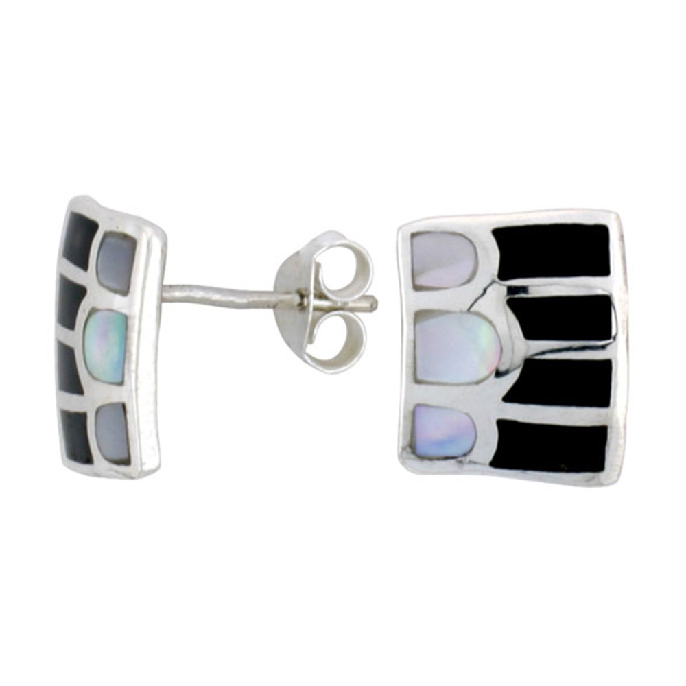 STERLING SILVER STRIPED RECTANGULAR POST SHELL EARRINGS, W/ BLACK & WHITE MOTHER OF PEARL INLAY, 1/2" (12 MM) TALL