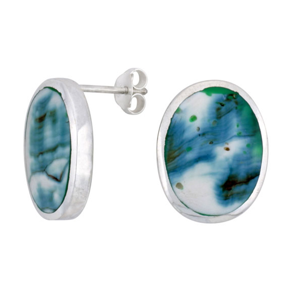 STERLING SILVER OVAL POST SHELL EARRINGS, W/ BLUE-GREEN MOTHER OF PEARL INLAY, 13/16" (21 MM) TALL