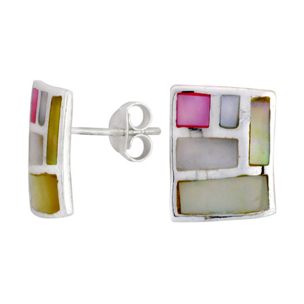 STERLING SILVER RECTANGULAR POST SHELL EARRINGS, W/ PINK & WHITE MOTHER OF PEARL INLAY, 9/16" (15 MM) TALL