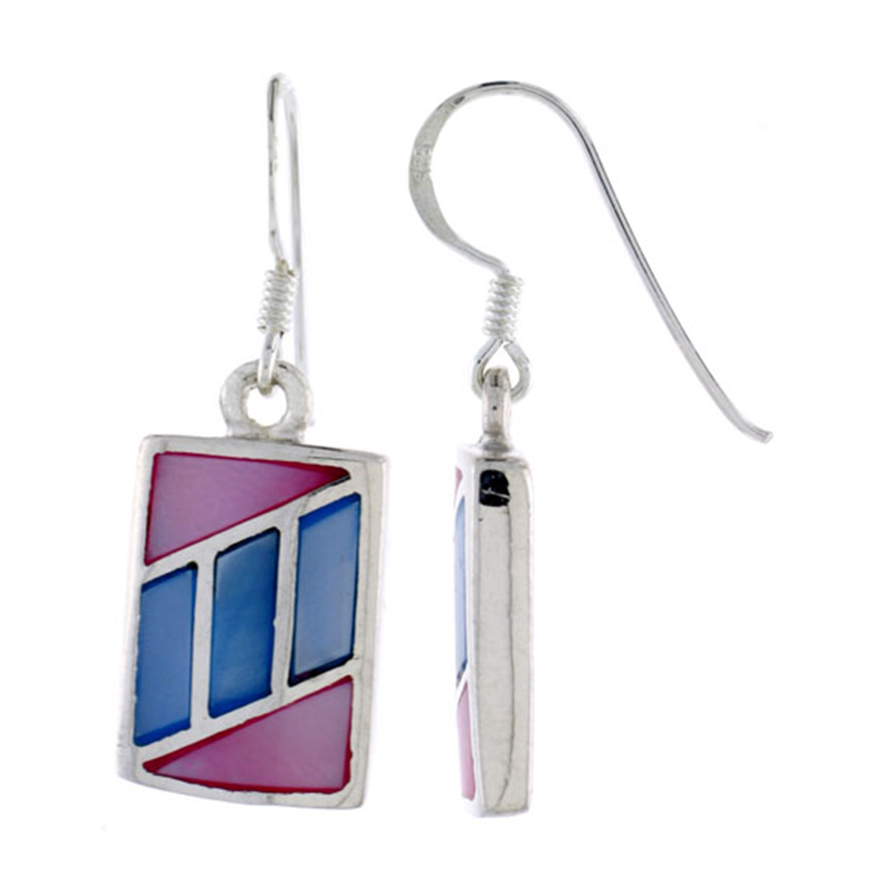 STERLING SILVER RECTANGULAR SHELL EARRINGS, W/ PINK & BLUE MOTHER OF PEARL INLAY, 1 1/4" (32 MM) TALL