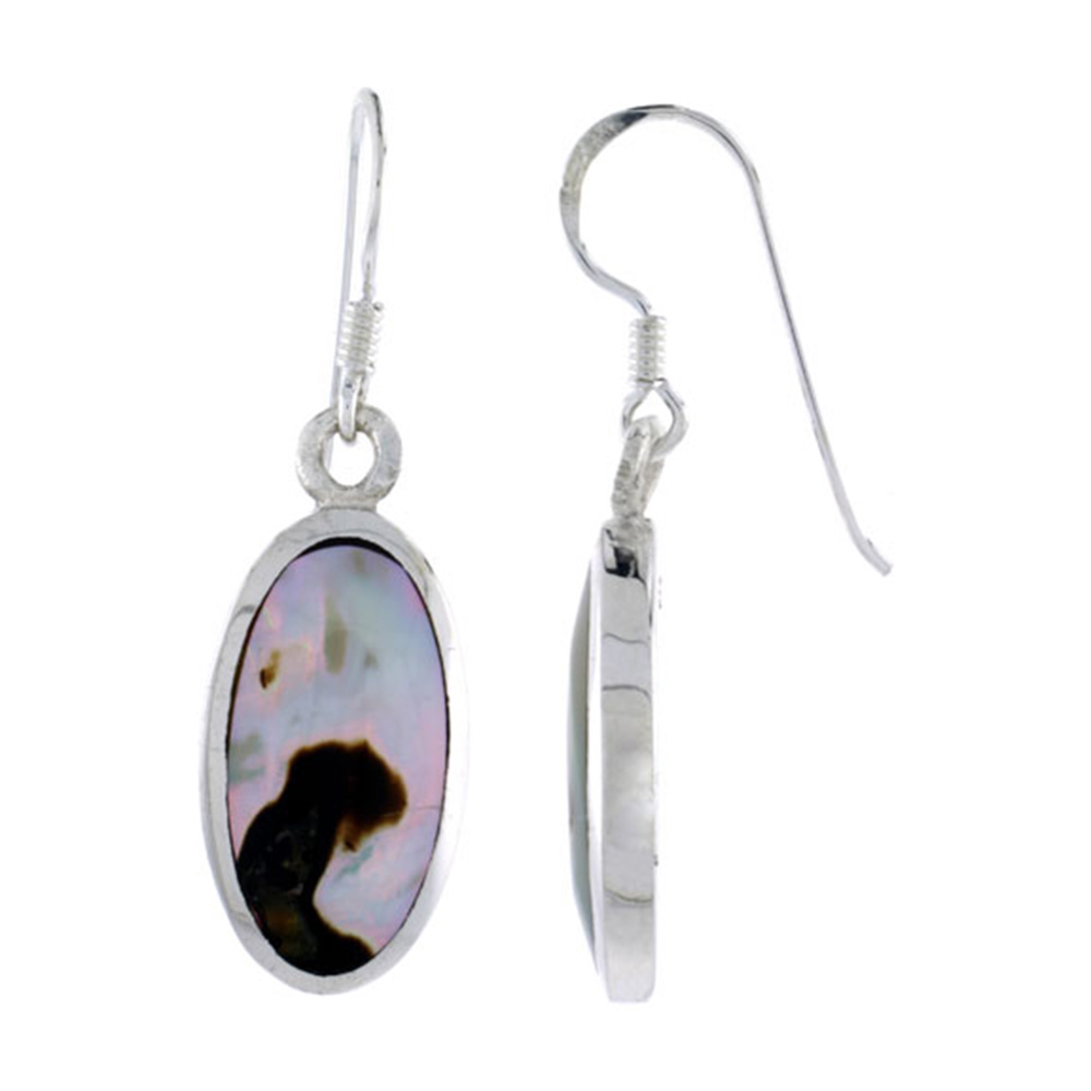 STERLING SILVER OVAL SHELL EARRINGS, W/ BROWN MOTHER OF PEARL INLAY, 1 7/16" (37 MM) TALL