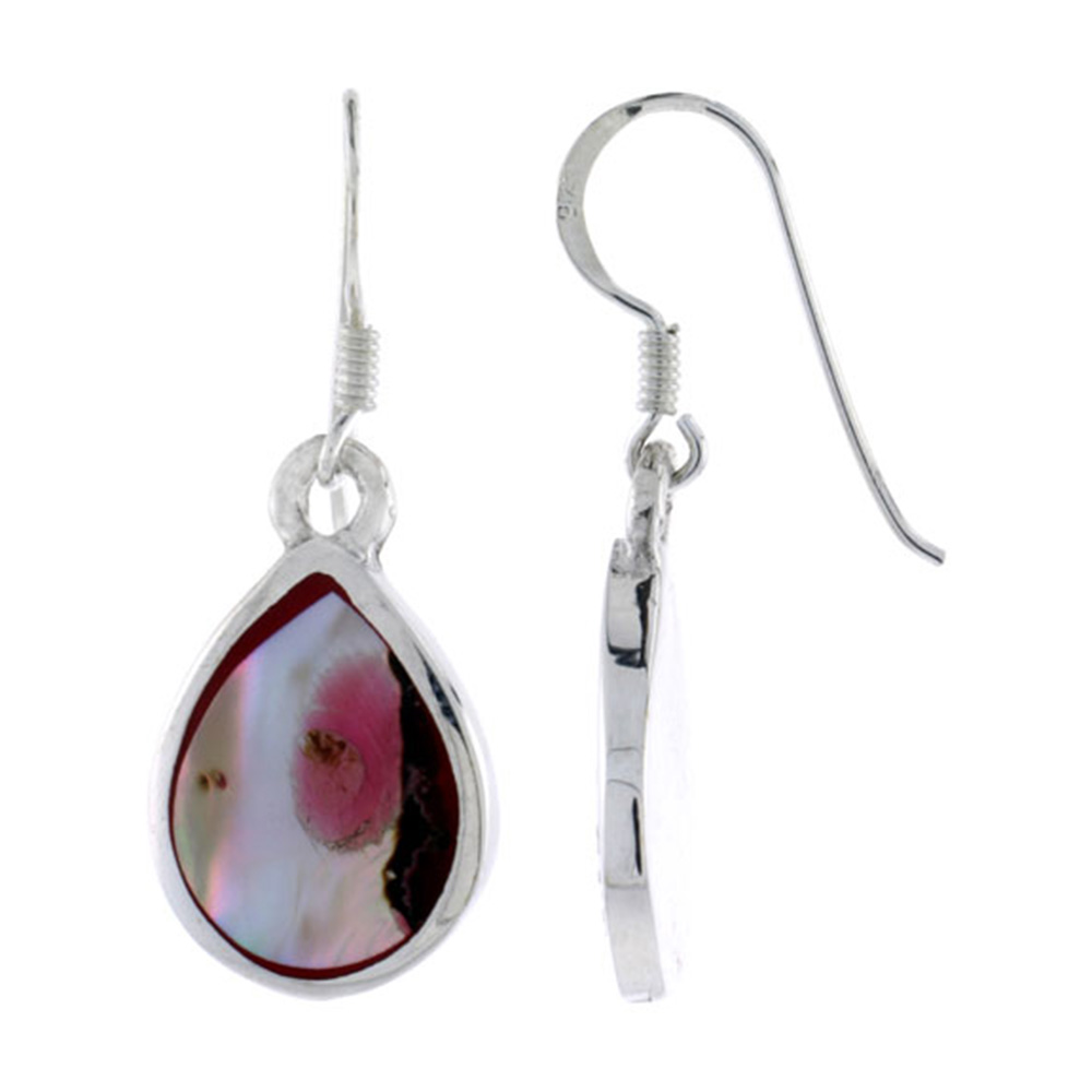 STERLING SILVER PEAR-SHAPED SHELL EARRINGS, W/ BROWN MOTHER OF PEARL INLAY, 1 3/8" (35 MM) TALL