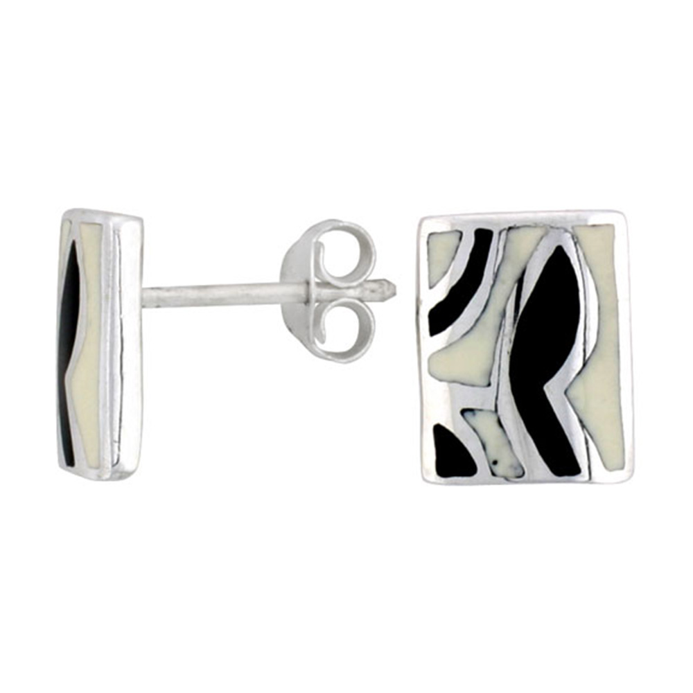 STERLING SILVER RECTANGULAR SHELL EARRINGS, W/ BLACK & WHITE MOTHER OF PEARL INLAY, 1/2" (12 MM) TALL