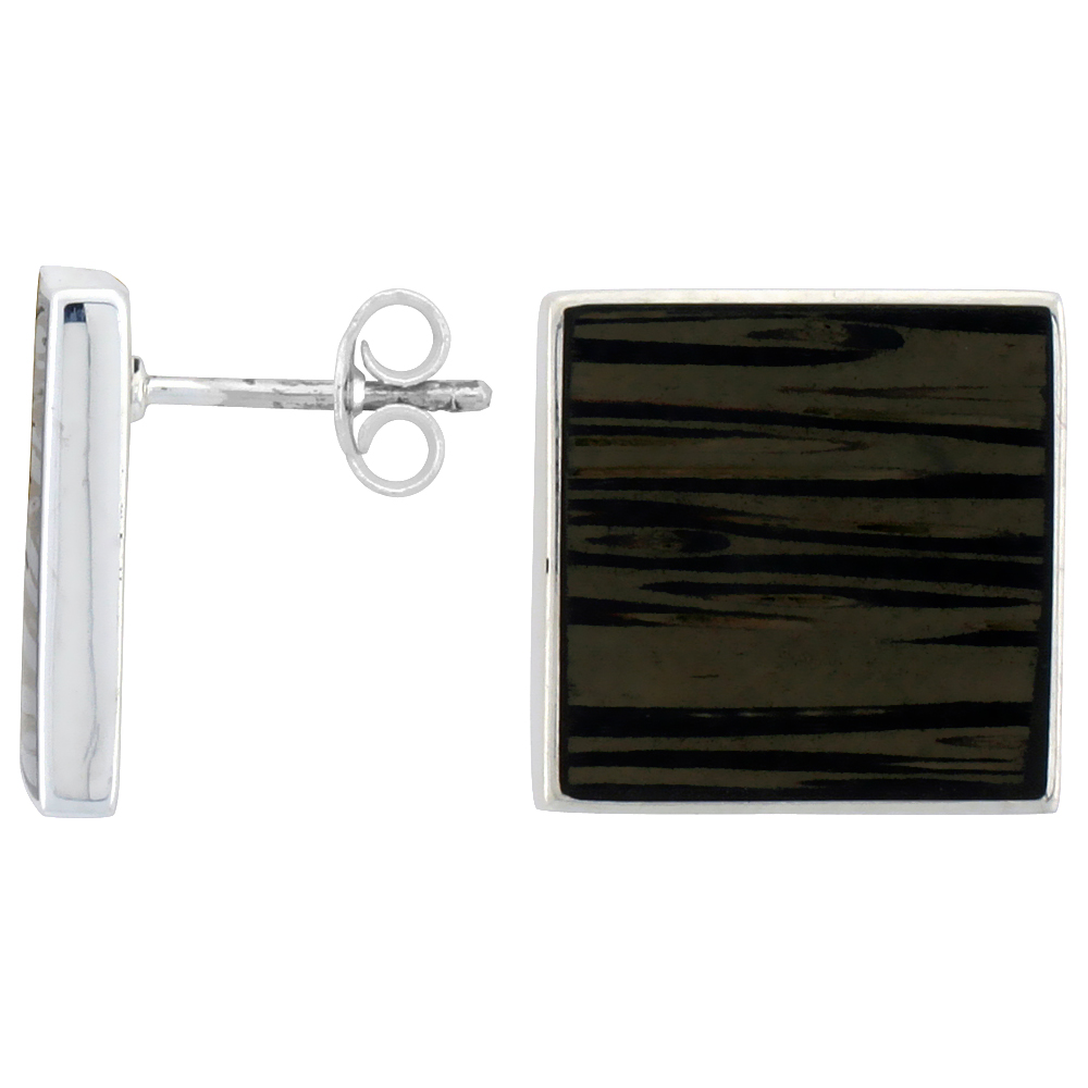 STERLING SILVER SQUARE POST EARRINGS, W/ ANCIENT WOOD INLAY, 5/8" (16 MM) TALL