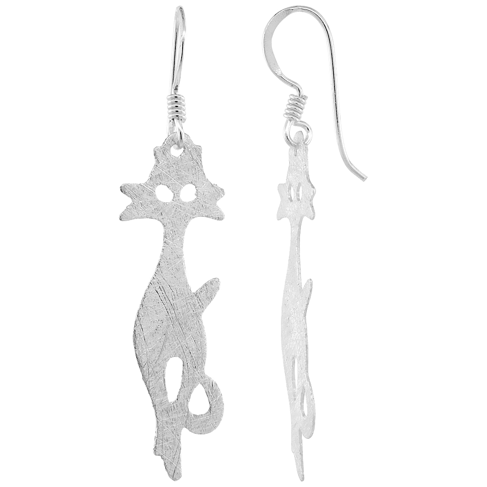 STERLING SILVER FROSTED FINISH DANGLE CAT EARRINGS, 1 11/16 (43 MM) TALL