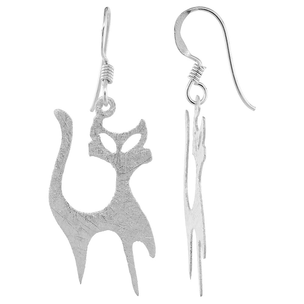 STERLING SILVER FROSTED FINISH DANGLE CAT EARRINGS, 1 9/16 (39 MM) TALL